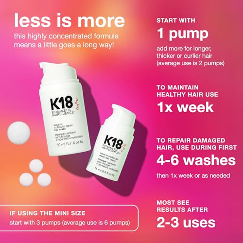 K18 Leave-In Molecular Repair Hair Mask - Peptide Hair Treatment Mask for Bleach, Color, Chemical + Heat Damaged Strands - Immediate + Lasting Damage Reversal in 4 Minutes (0.5 Fl oz)