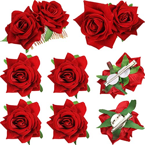 Red Rose Hair Clips Set - 6 Floral Hairpins for Women