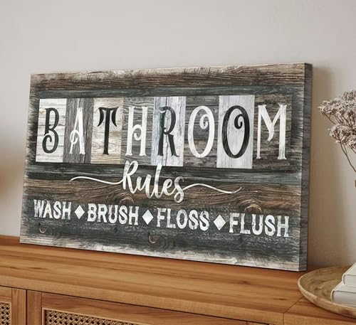 Bathroom Rules Canvas Wall Art - Rustic 8x16in Framed Decor