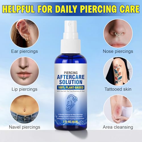 Piercing Aftercare Spray for Ear, Nose, Belly Button & Cartilage - Soothing Sea Salt & Aloe Vera Solution