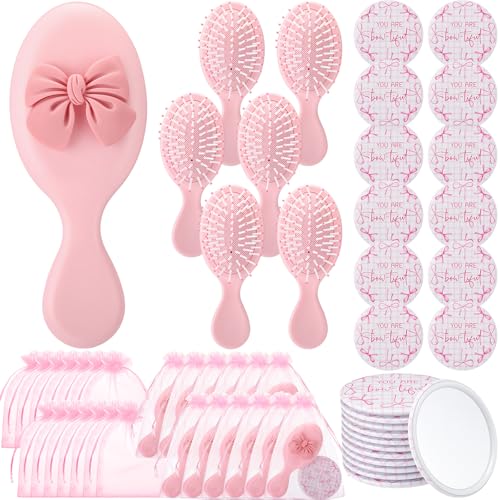 Wonderjune 12 Pink Bow Compact Mirrors & Mini Hair Brushes Set