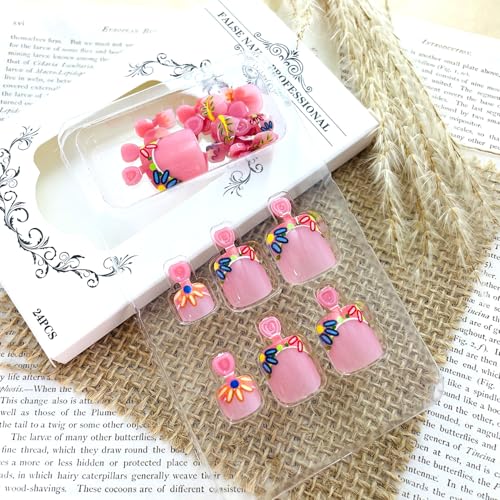Flowers French Tip Short Square Press-On Toenails with Floral Design for Women