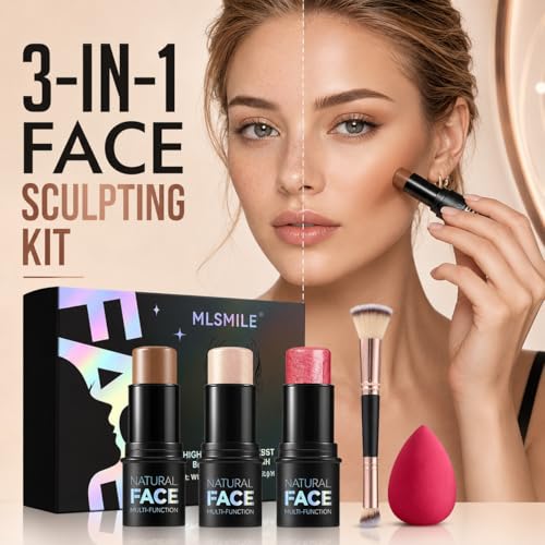 LTIYV 3-in-1 Cream Contour Stick Kit - Style1 with Bronzer, Blush & Highlighter