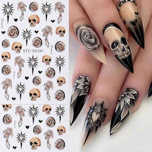 GCSQW Ghost Mushroom 6 Sheets Halloween Nail Stickers – 3D Skull, Butterfly & Rose Nail Decals