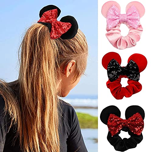 JOYFISCO Mouse Ear Scrunchies - 3 Pack Velvet Sequin Bow Hair Ties