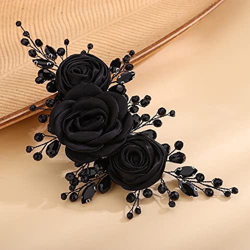 Teyglen Black Flower Wedding Headband with Rhinestones