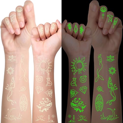 Metuu Glowing Temporary Tattoos - 60 Sheets Waterproof Luminous Body & Face Designs