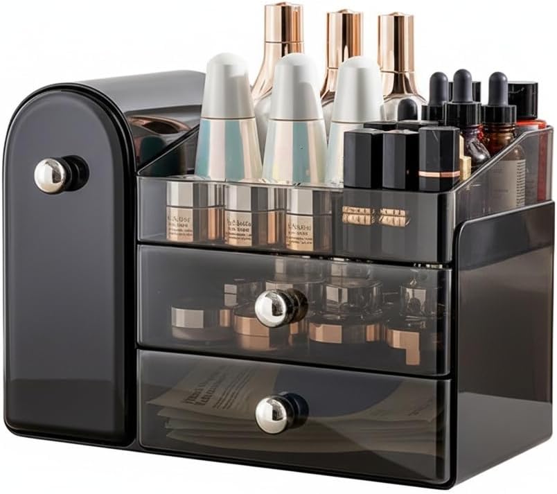 Makeup Organizer with Sliding Brush Holder - Clear Skincare Storage Case for Vanity & Bathroom (Black)