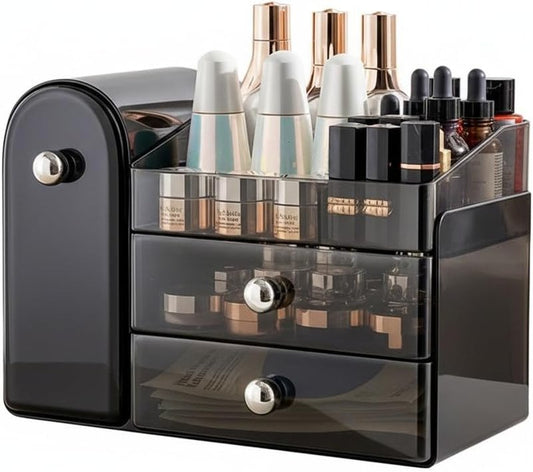 Makeup Organizer with Sliding Brush Holder - Clear Skincare Storage Case for Vanity & Bathroom (Black)