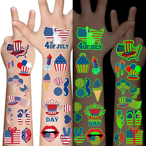 Fourth of July Luminous Temporary Tattoos for Kids - 80+ Patriotic Designs, Party Favors