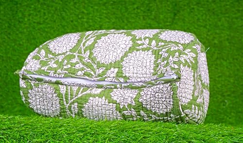 Light Green Floral Quilted Cotton Toiletry Bag for Women