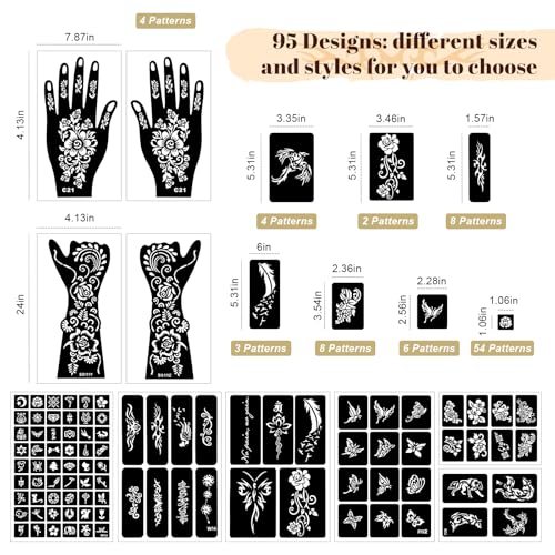 95 PCS Temporary Tattoos Stencils Kit with 6 Ink Colors, DIY Body Art Set - Funtigee