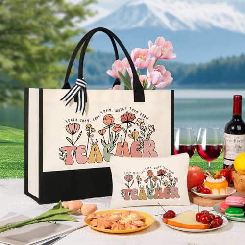 Teacher Appreciation Gifts Tote Bag & Makeup Bag Set for Women - Teacher Bags