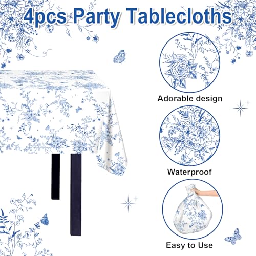 Blue Floral Tablecloths - 4 Pack, Disposable & Waterproof - 108x54 in