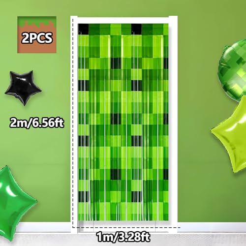 Green Pixel Foil Fringe Curtains - 2 Pack Video Game Party Backdrop