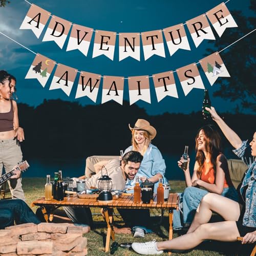 Adventure Awaits Banner - Rustic Camping Party Decor for Events