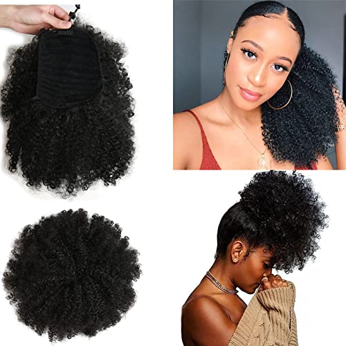 12 Inch Afro Puff Kinky Curly Drawstring Ponytail Extension for Women - Natural Look, Synthetic Hair, Black 1B#