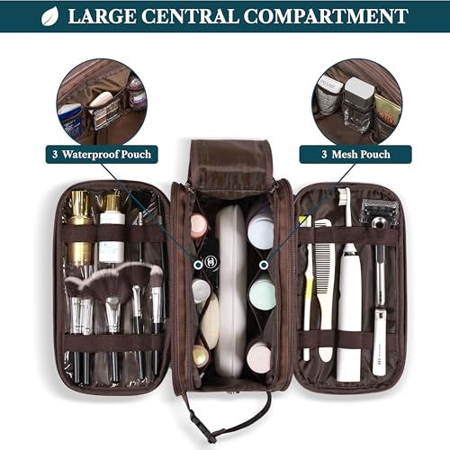 PAVILIA Large Dark Brown Toiletry Bag for Men - Water Resistant Travel Dopp Kit