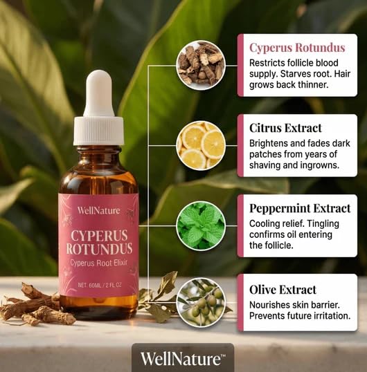 Cyperus Rotundus Elixir - Natural Hair Removal Oil for Follicle Growth Reduction | Post-Wax & Laser Care, Hydrates & Soothes Skin