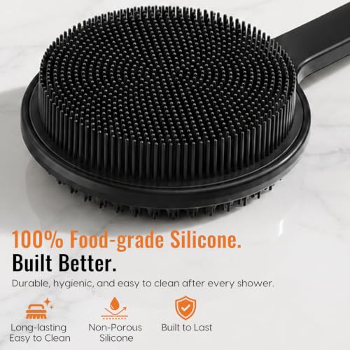 VWMYQ Black 17-Inch Silicone Back Scrubber with Long Handle - Double Sided Shower Body Brush for Exfoliating & Massage
