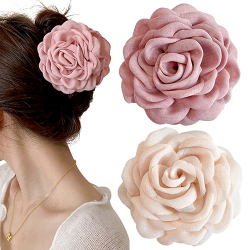 2Pcs Chiffon Rose Flower Claw Clips for Women, 8cm Floral Hair Accessories