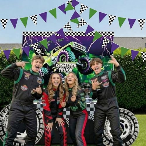 Gersoniel Monster Truck Banner Decorations - 5 Pcs Green & Purple Pennant Garland