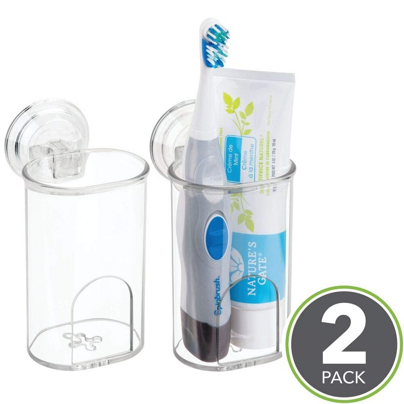 mDesign Compact Plastic Suction Storage Center for Bathroom Organization of Toothbrushes, Electric Toothbrushes, Razors - 2 Pack - Clear