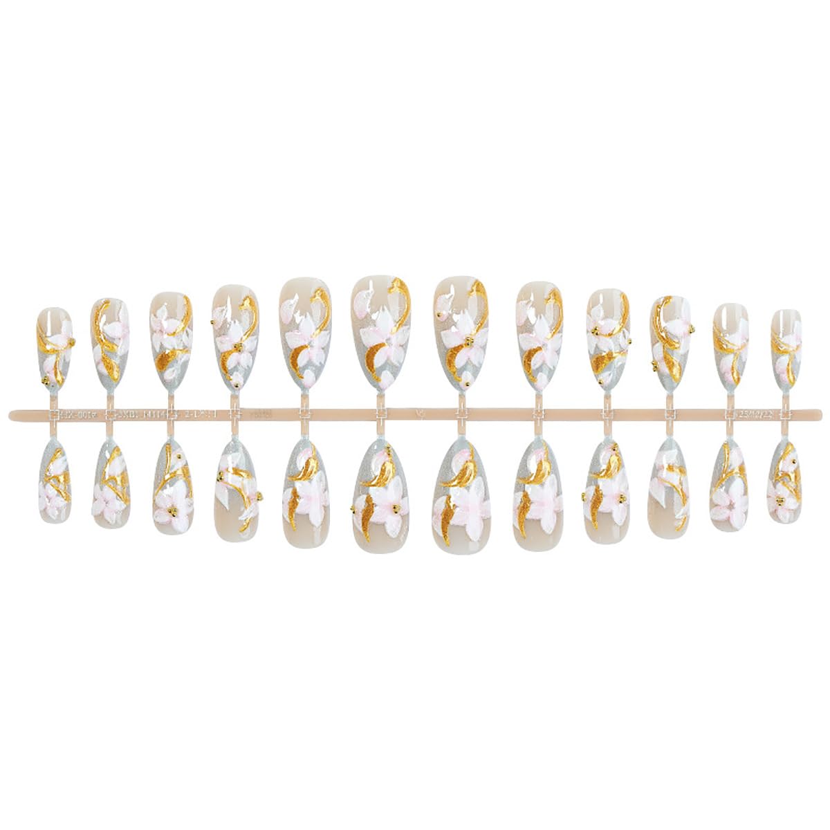 24Pcs Flower Press On Nails - Medium Almond 3D Floral Design with Gold Lines | Cute Spring Full Cover Fake Nails