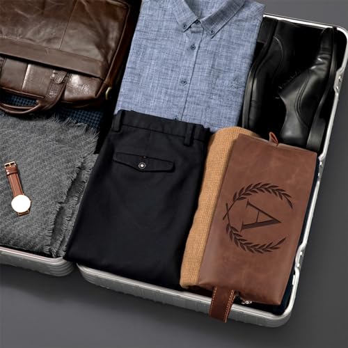 Aganmi Reddish Brown PU Leather Travel Toiletry Bag with Initials - Men's Shaving & Grooming Organizer