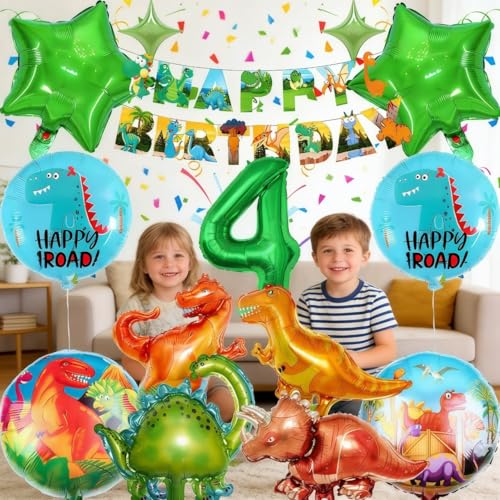 Dinosaur 4th Birthday Party Decorations - Green Foil Balloons & Banner