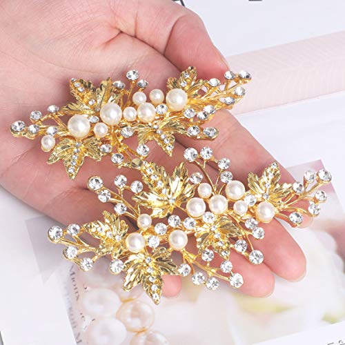 Gold Rhinestone Pearl Alligator Hair Clips Set of 2 for Weddings
