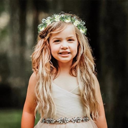 MEMOVAN White Bridal Green Leaf Flower Crown Adjustable Boho Headpiece