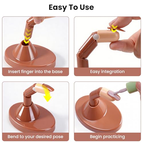 Difenni Brown Practice Finger Set for Acrylic Nails with Base Stand & 100 Nail Tips - Manicure Training Tool for Home & Salon