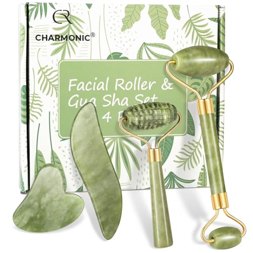 Charmonic 4-Piece Natural Jade Roller and Gua Sha Facial Massage Set
