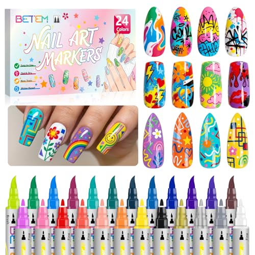 Betem Nail Art Pens Set - 24 Colors Dual Tip Quick-Dry Markers