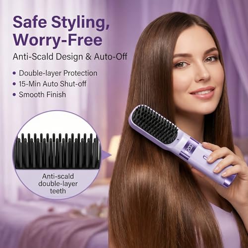 Cordless Hair Straightener Brush - Portable 4 Temp Comb for Travel