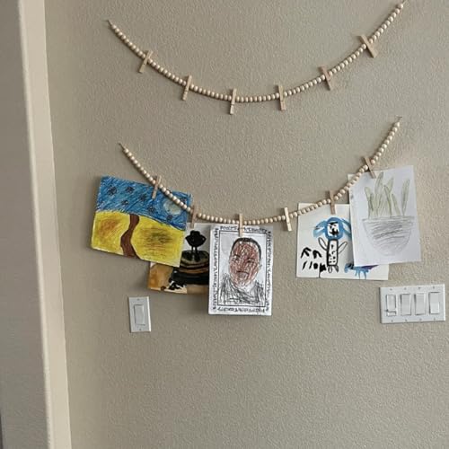 Wood Bead Photo Garland with 7 Clips | 48" Kids Art Display