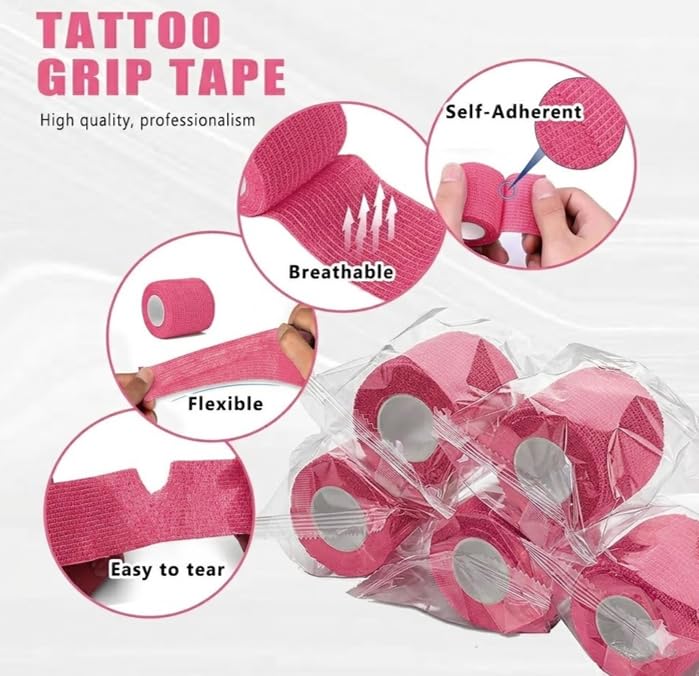 LEEYUKA 200Pcs Large Tattoo Pen Covers + 6 Grip Tapes Pink/Black Pink