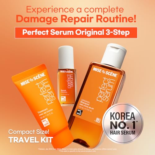 Mise En Scene Perfect Original Serum Hair Care Set | Travel Size Hair Products for Frizzy and Dry | Mini Hair Oil for Heat Protection | Damage Repair Shampoo & Treatment | Gift set for women (3 Count)