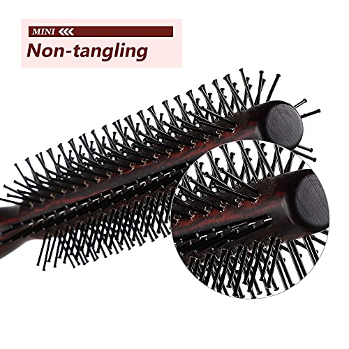 Mini Round Hairbrush Set for Short Hair, 3 Pack, 1 Inch Nylon Bristles, Wooden Handle for Pixie Cuts & Volume