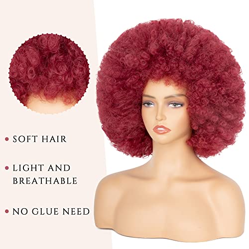 Aminow Burgundy Wine Red 70's Afro Wig for Women - Short Curly Synthetic Costume Hair with Bangs, Glueless & Fluffy for Cosplay & Parties