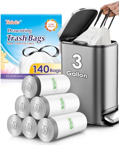 Teivio 3-Gallon Drawstring Trash Bags - 140 Count, Leak-Proof