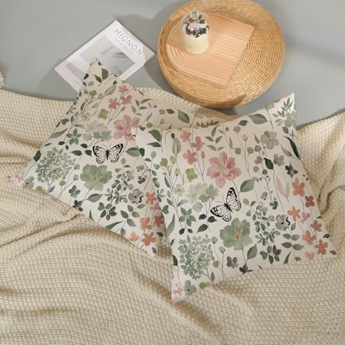 Spring Floral Pillow Covers 18x18 - Set of 2 Botanical Linen Cushions