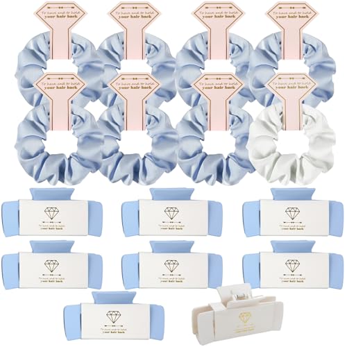 Loanzeg 16pcs Bridesmaid Hair Claw Clips & Scrunchies Set - White & Dusty Blue