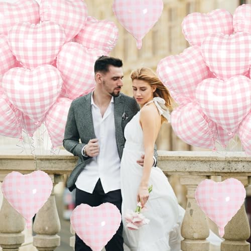 10PCS Pink Checkered Heart Foil Balloons - 18 Inch Party Decor