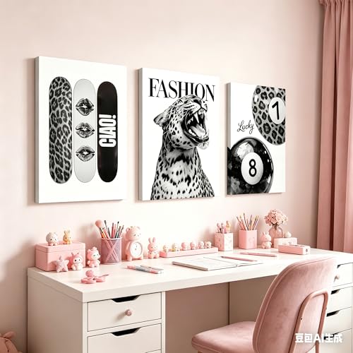 3-Piece Black and White Leopard Canvas Wall Art Set - 12x16