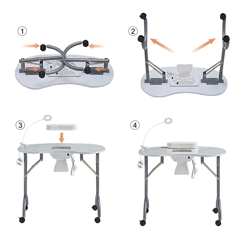 LOVEVLOGY Portable Manicure Table，Nail Desk 4 Lockable with Wheels,Manicure Desk for Nail Tech with LED Light & Dust Collector