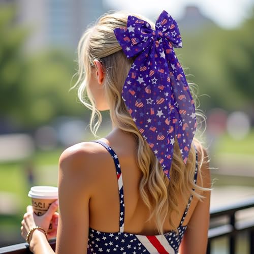 4th of July Hair Bows for Women & Girls - Red, White & Blue Satin Clips, Pack of 2, 11 Inch Length