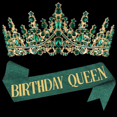 COCIDE Birthday Queen Green Rhinestone Tiara and Glitter Sash Set