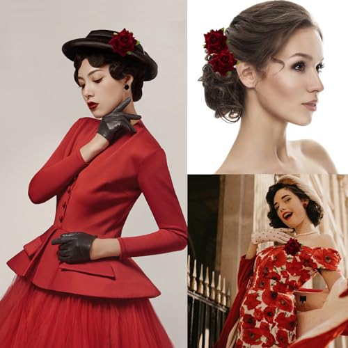 6Pcs Burgundy Rose Hair Clips & Brooch Set for Weddings and Parties